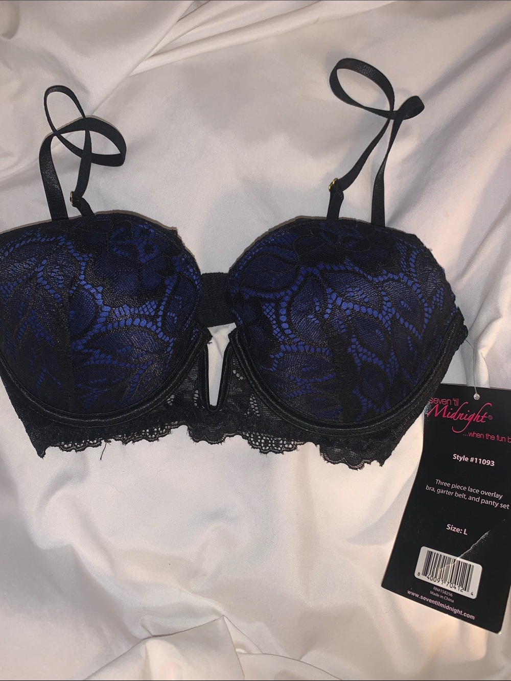 Lace-Overlay Blue and Black Underwire Bra